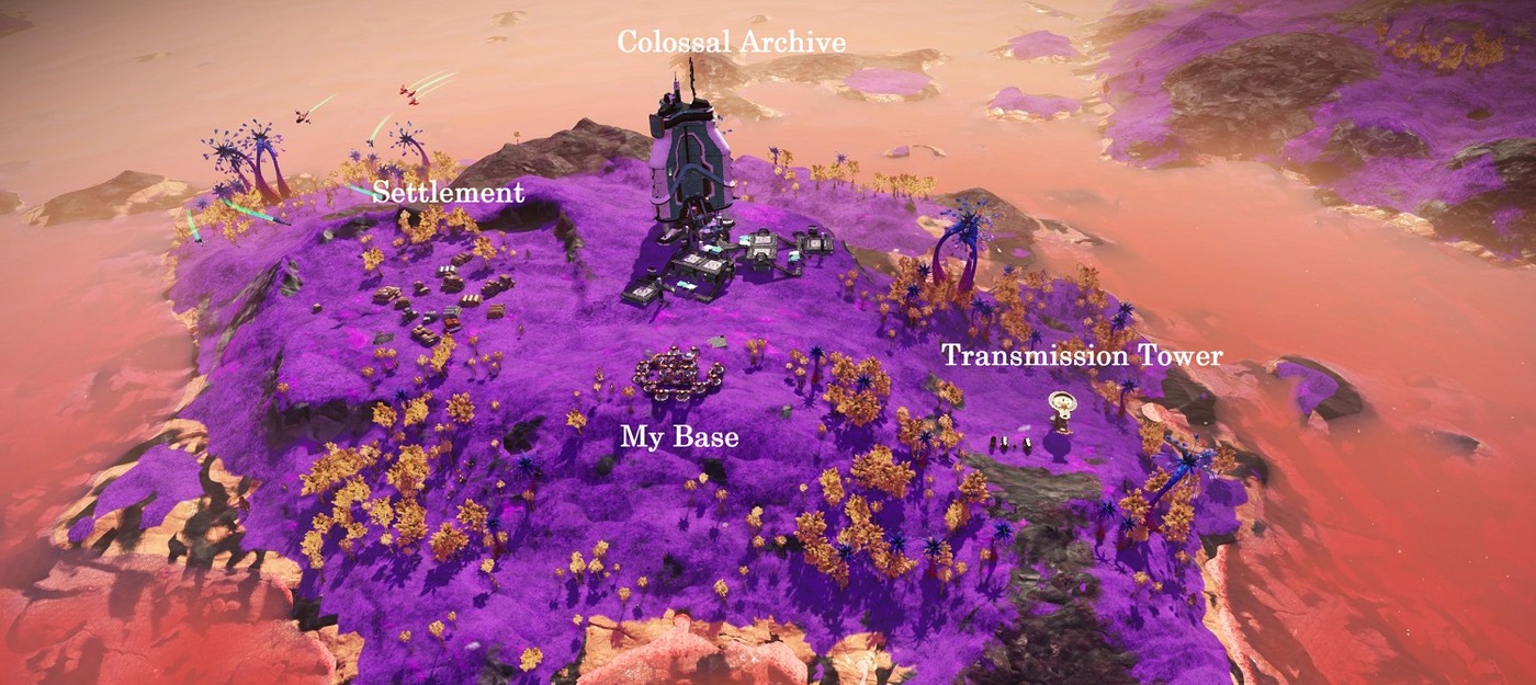 No Man's Sky player shows off a cozy island where the game generated a settlement and several points of interest