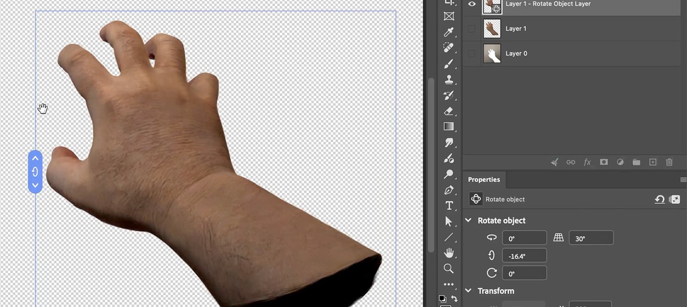 Photoshop's Rotate Object feature turns a photo of your hand into a 3D drawing reference