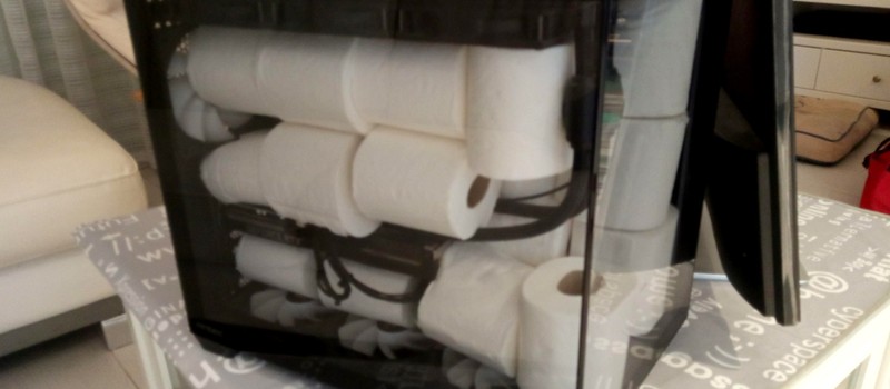 PC owner stuffed the case with rolls of toilet paper for safe and practical transportation
