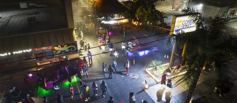 Three new GTA 6 screenshots show night-time Vice City with neon, reflections and a street meetup