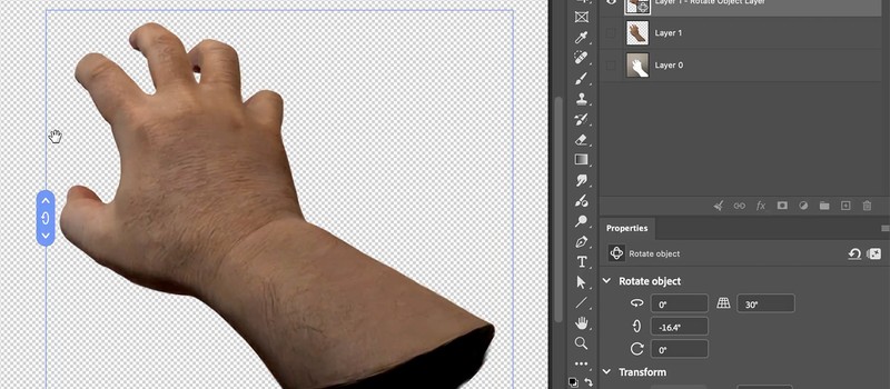 Photoshop's Rotate Object feature turns a photo of your hand into a 3D drawing reference